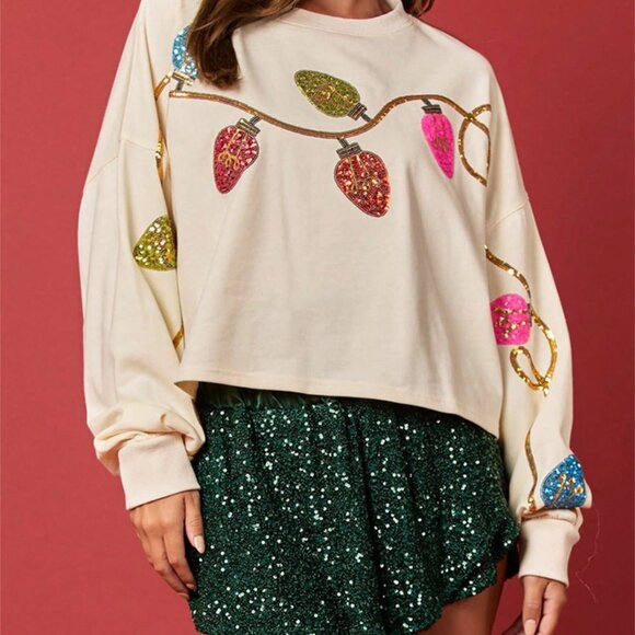 Apricot Casual Women's Sequins Christmas Light Holiday Sweatshirt - Picture 2 of 6